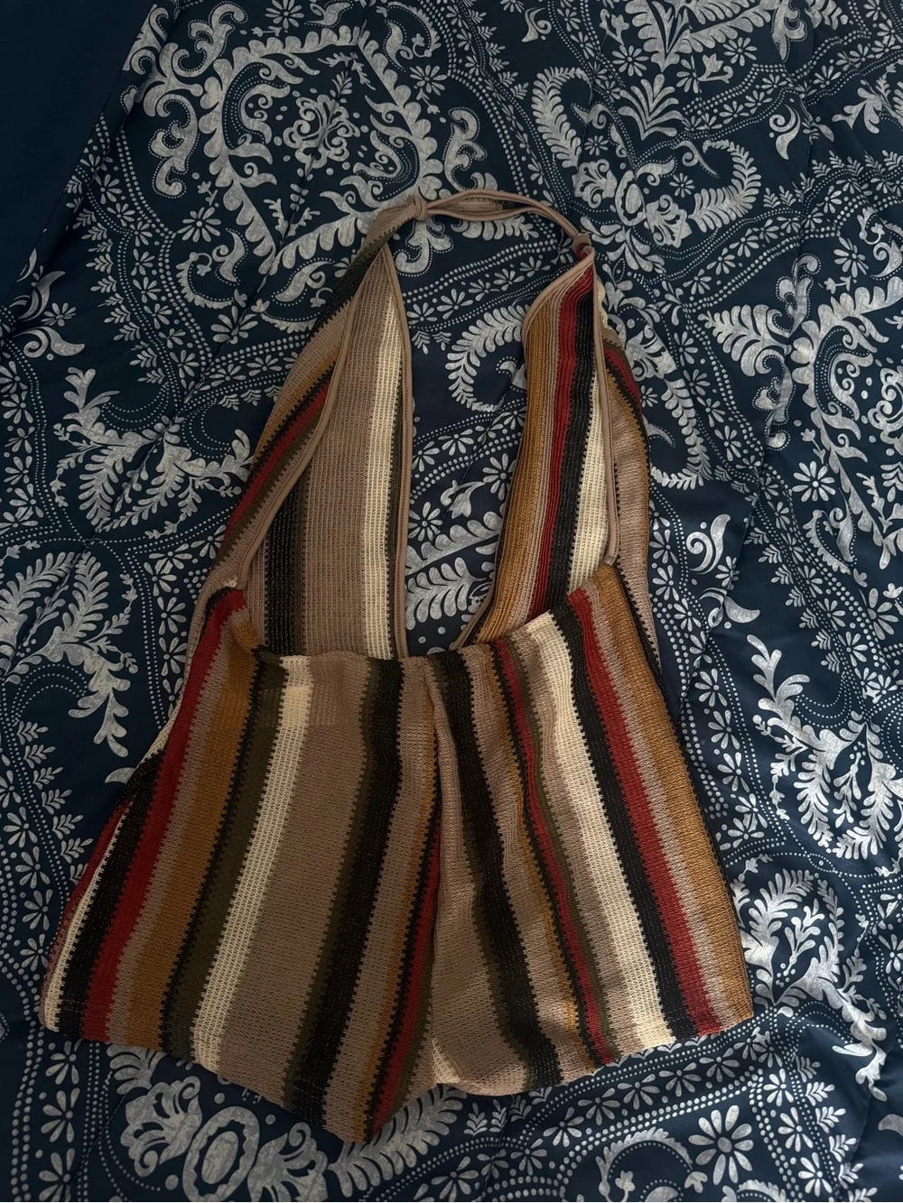 Striped Knit Tote Bag in Tan, Olive & Red